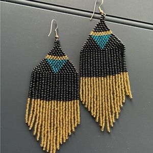 Handmade Black, Gold & Teal Beaded Fringe Earrings